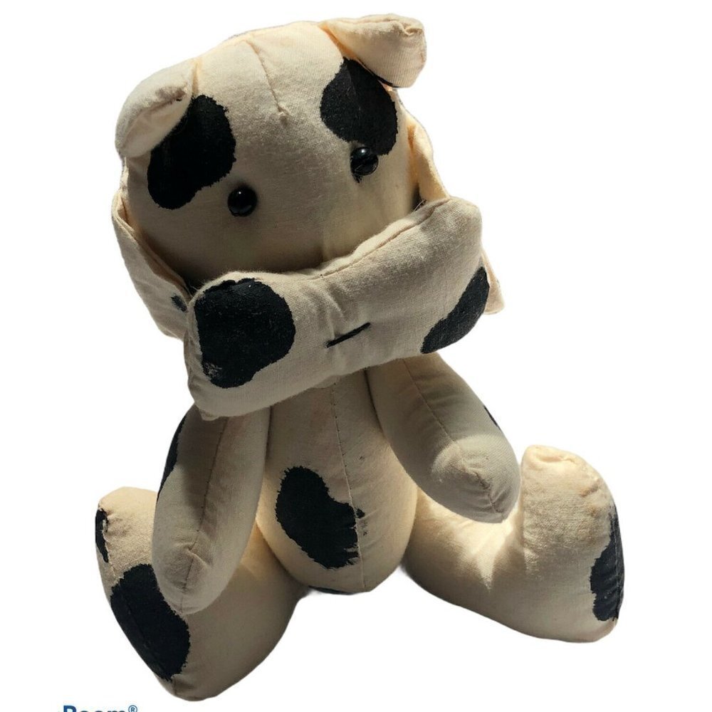 Jointed Handmade Cow Plush Stuffed‎ Animal 7" White Black Flawed